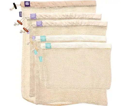 Lotus Sustainables Premium 100% Organic Cotton Reusable Produce Bags | Eco-Friendly Mesh Produce Bags For Groceries | Machine Washable Vegetable/Fruit Bag | Set of 5