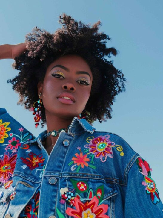 woman wearing upcycled denim jacket with embroidery